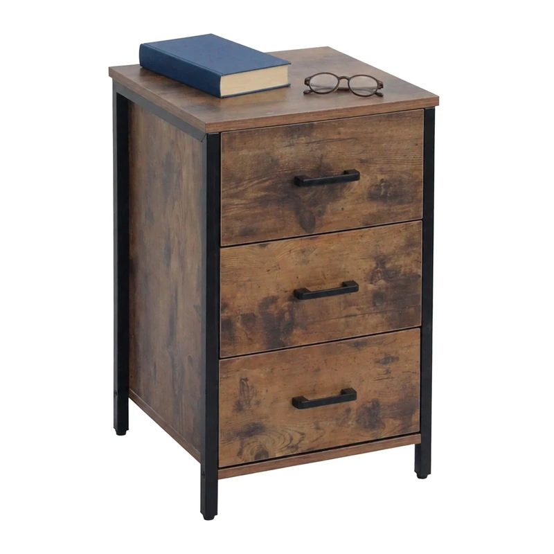 Relaxdays bedside table, 3 drawers, metal frame, H x W x D 60 x 40 x 40 cm, square bedside table, brown/black - Image 1