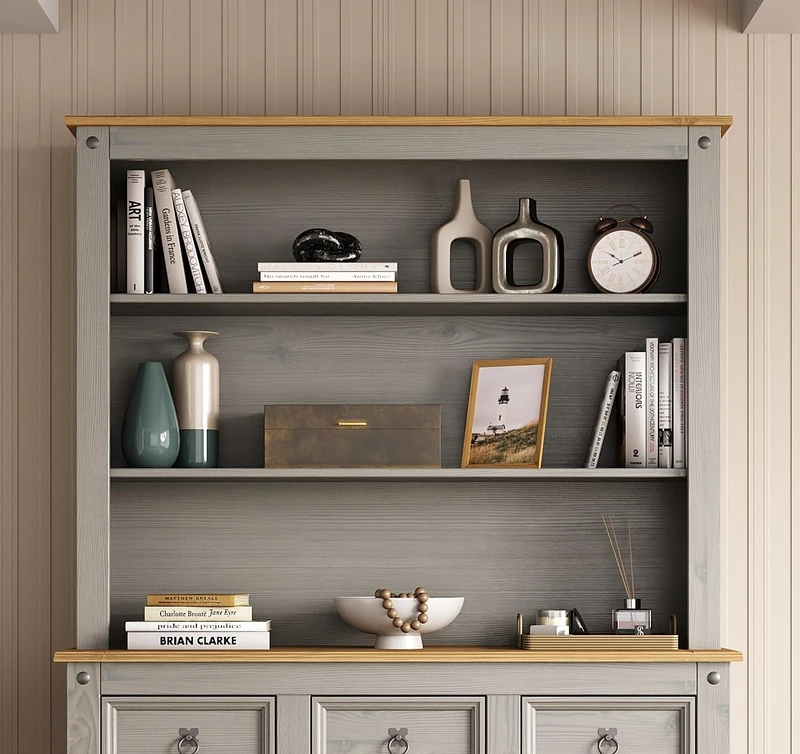 Corona Sideboard Hutch Grey Painted Solid Wood Pine Welsh Dresser Top Large – Mexican Style with Open Shelves Rustic Wooden Display & Storage Unit