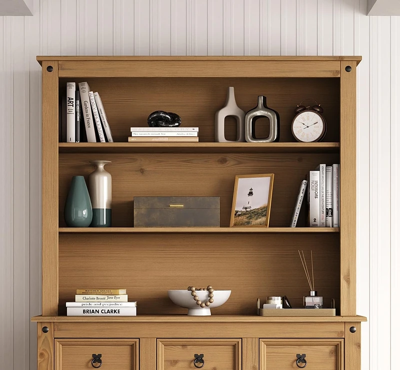 Corona Sideboard Hutch Solid Wood Pine Welsh Dresser Top Large – Mexican Style with Open Shelves Rustic Wooden Display & Storage Unit