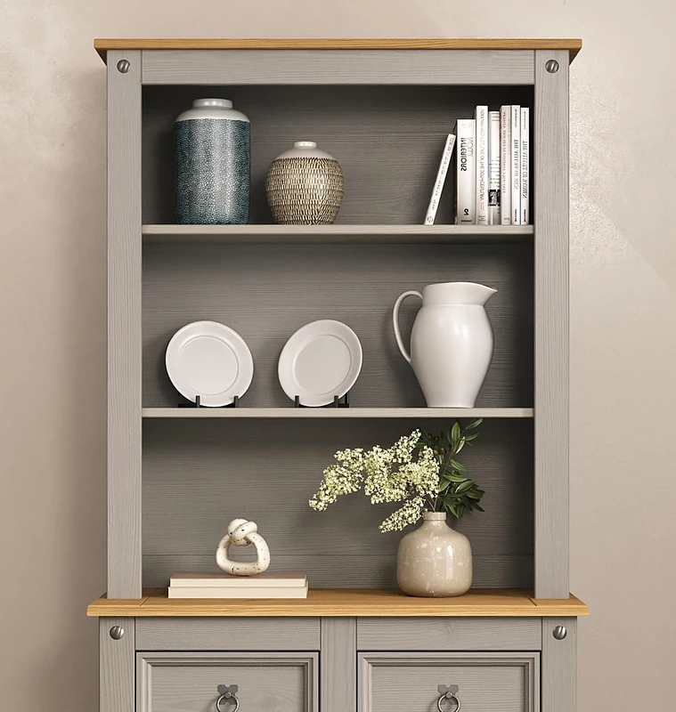Corona Sideboard Hutch Solid Wood Pine Welsh Dresser Top – Grey Wax Painted with Shelves, Rustic Storage Display Unit for Kitchen Hallway Living Room & Lounge