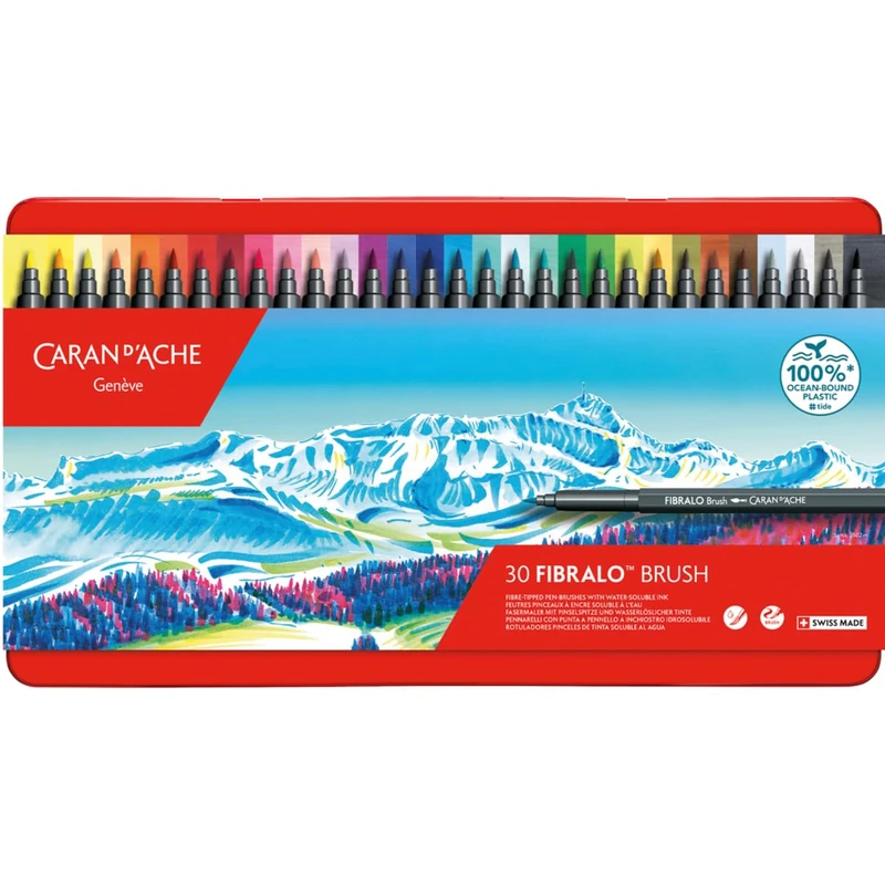 Caran d'Ache Fibralo Brush Pens with Water-Soluble Ink Metal Box 30 Assorted Colours, Fine, Thick Lines, Calligraphy, Bullet Journaling, Writing, Water-Colour, Line Width 0.5 to 5mm, Artist Supplies