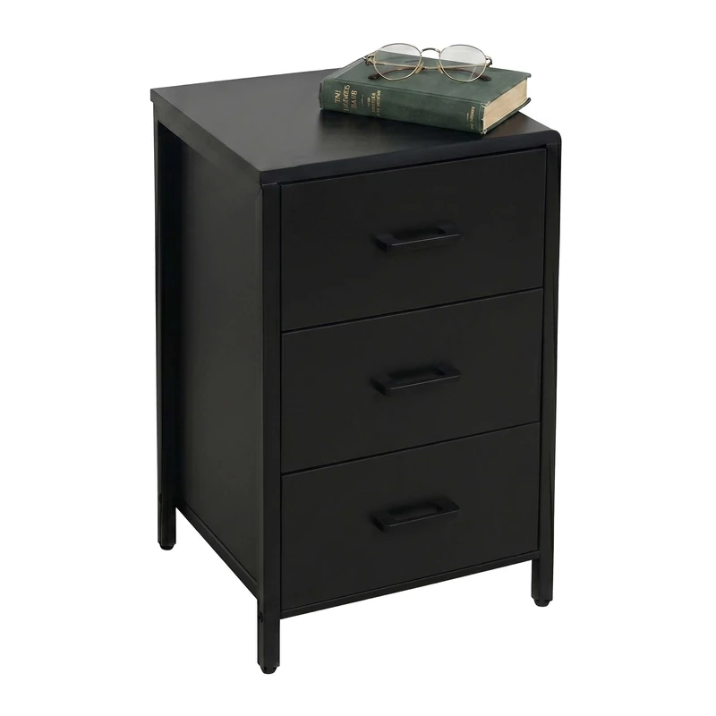 Relaxdays bedside table, 3 drawers, metal frame, HxWxD: 60 x 40 x 40 cm, square, black - Image 1