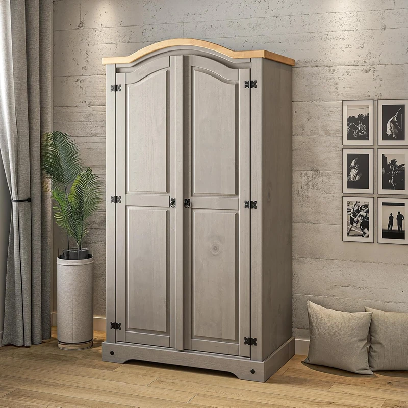 Corona Wardrobe Grey 2 Door Arch Top Solid Mexican Pine with Hanging Rail and Shelf for Bedroom Storage