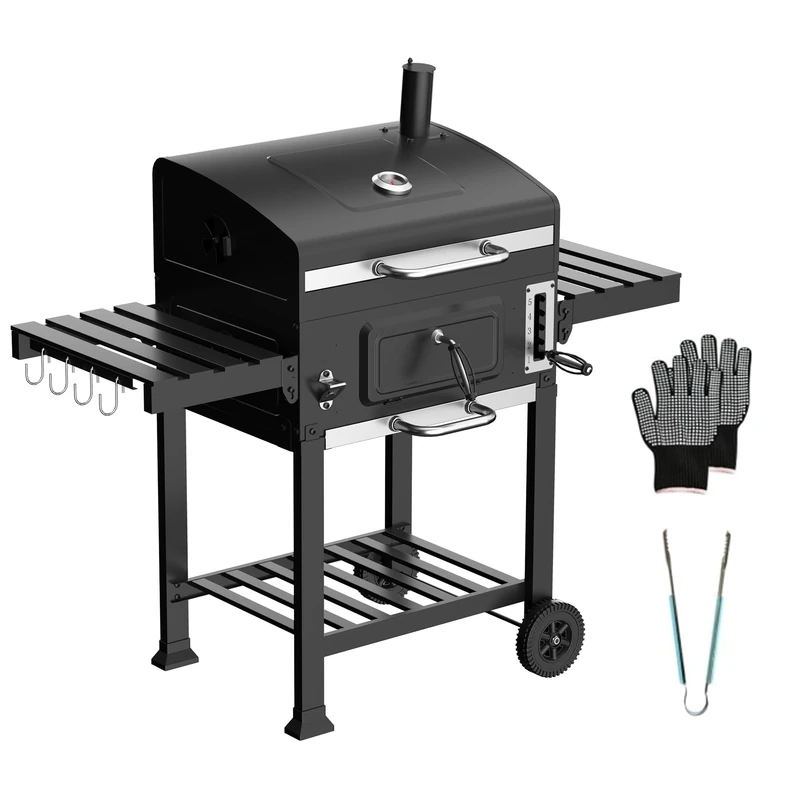TEENO XXL Charcoal BBQ Smoker Grill, 5-Level Heat Control, with Gloves & Tongs, Folding Side Tables, Thermometer, Warming Rack & Wheels for Outdoor Party