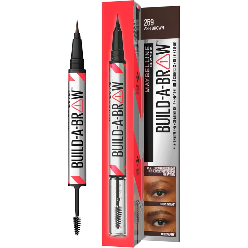 Maybelline New York, Build A Brow: 2 in 1 Brow Pen + Sealing Gel, Real-looking, Fuller Brows, Waterproof, Sweat- & Smudge-resistant, 24H Wear, Vegan Formula, Shade 259: Ash Brown (Pack of 6) - Image 1
