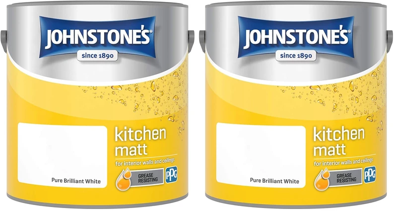 Johnstone's - Kitchen Paint - Brilliant White - Matt Finish - Grease & Stain Resistant - Suitable for Kitchen Walls & Ceilings - Highly Durable - Low Odour - 12m2 Coverage per Litre - 2.5L (Pack of 2)