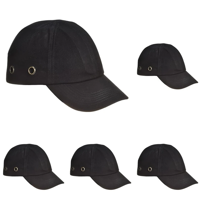 Portwest PW59 Safety Bump Cap ABS EVA Impact Protection Long Peak Ventilated Adjustable Hook Loop Work Cap EN 812 CE UKCA Certified Lightweight Head Protection for Men, Black, One Size (Pack of 5)