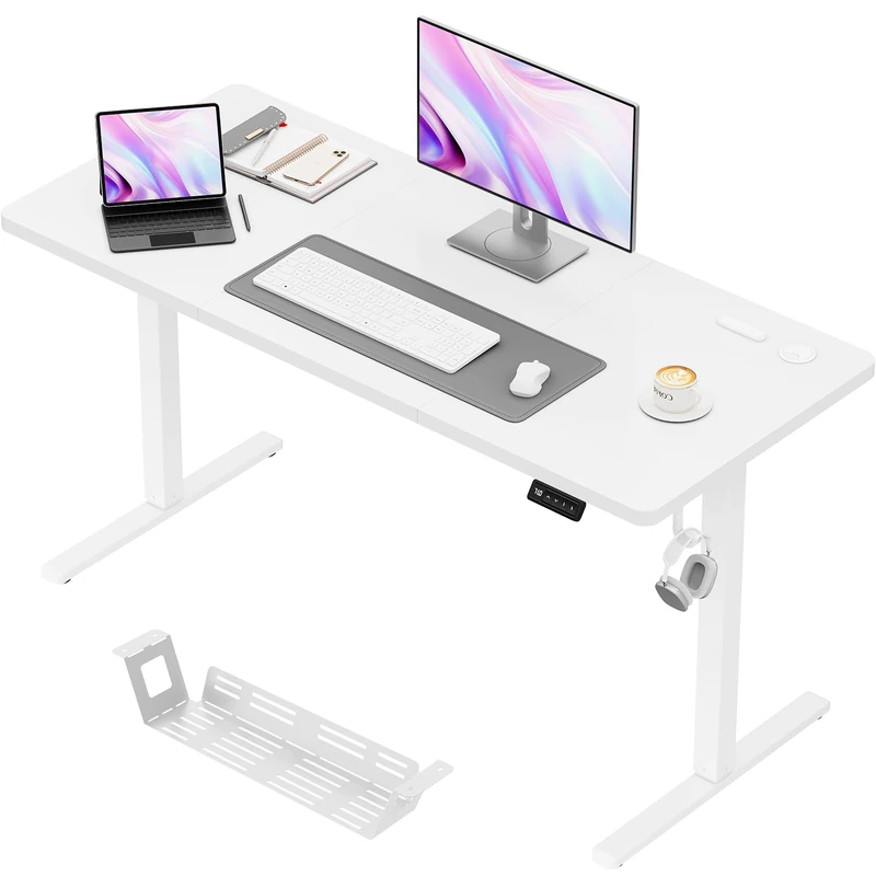 JUMMICO Electric Height Adjustable Desk 140 x 60 cm, Height Adjustable Desk with 2 Memory Function, Sit-Stand Office Desk, Computer Desk with Cable Management Box, White