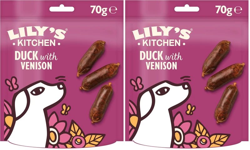 Lily’s Kitchen Made with Natural Ingredients Adult Dog Treats Packet Scrumptious Duck with Venison Sausages Grain-Free Recipes 8 x 70g (Pack of 2)