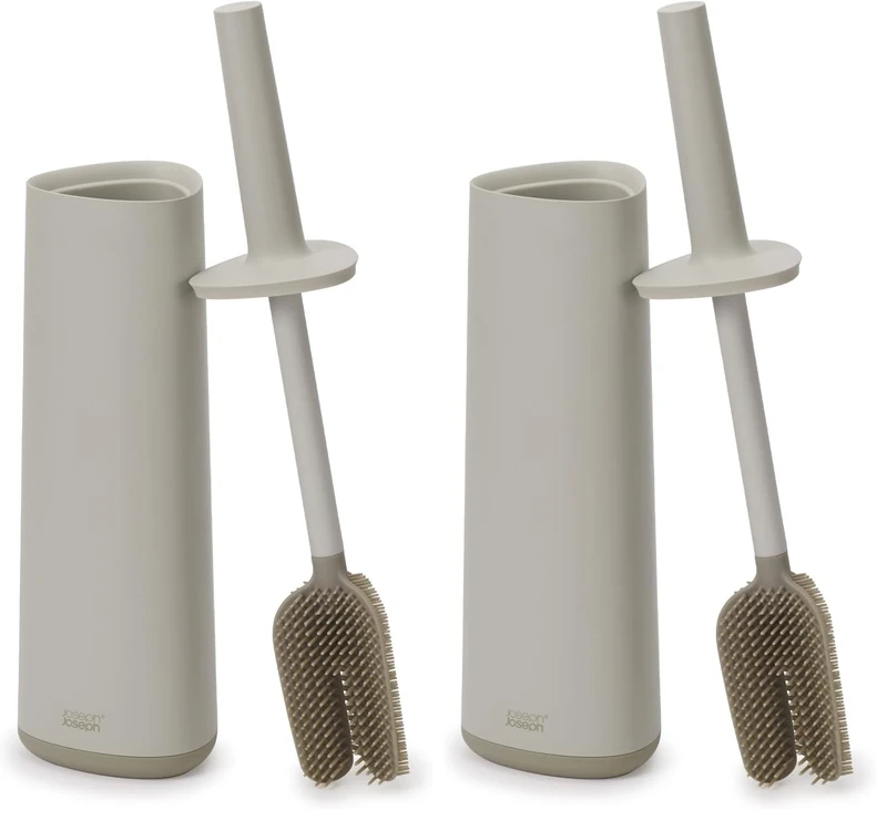 Joseph Joseph Flex 360, Advanced Smart Toilet Brush and Storage Holder Set with anti-drip, anti-clog, triple-action replaceable brush head- Matt Finish, Ecru (Pack of 2) - Image 1