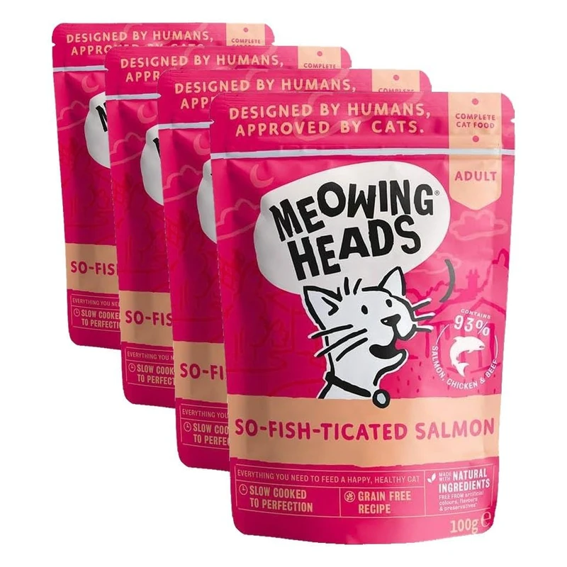 Meowing Heads Wet Cat Food - So-fish-ticated Salmon - 93% Natural Salmon Pouches with No Artificial Flavours, Grain-Free Recipe (10 x 100 g) (Pack of 4)