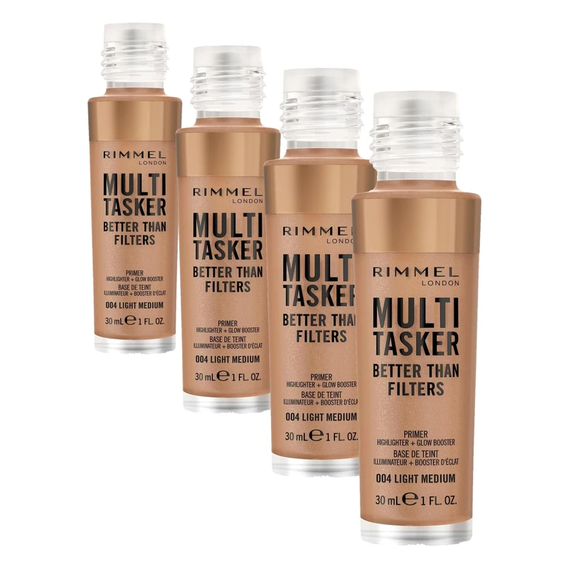 Rimmel Multi Tasker Better Than Filters, 004 Light Medium, 3 in 1 Face Primer, Glow Booster and Highlighter, Flawless Finish, Infused with Vitamin C and E, Maxi Soft Applicator, Vegan, 30ml