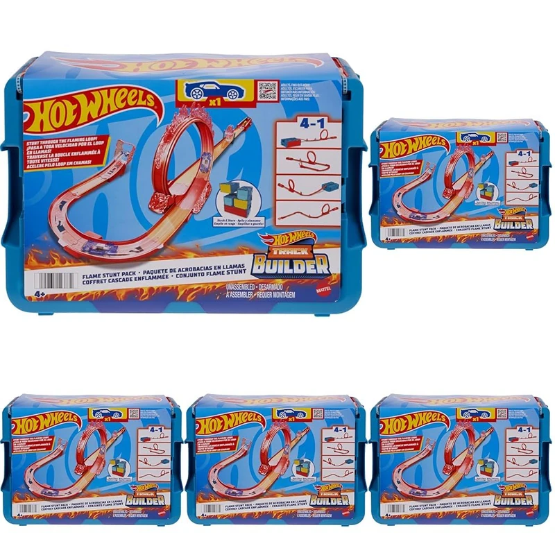 Hot Wheels Toy Car Track Set, Track Builder Playset Flame Stunt Pack with 16 Component Parts & 1:64 Scale Vehicle in Modular Storage Container, HMC04 (Pack of 5)