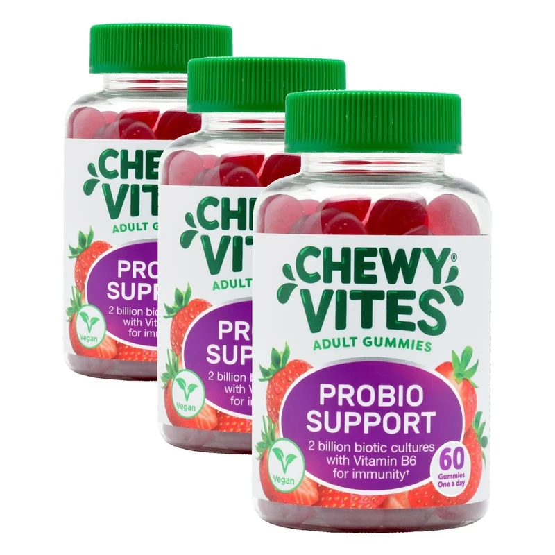 Chewy Vites Adult Probio Support, 60 Probiotics Gummies, 2 Billion Biotic Cultures, Vitamins B3, B5 and B6 for Immunity, 2 Months Supply, Vegan, Real Fruit Juice, Red Berries Flavour (Pack of 3)