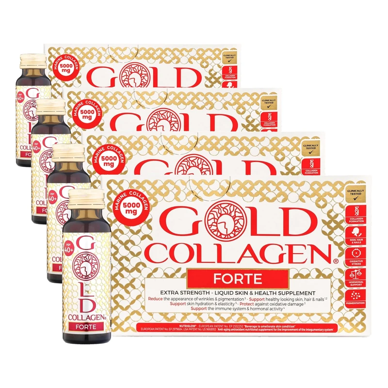 GOLD COLLAGEN Forte - Anti Wrinkle Collagen Supplements for Women & Men with Biotin, Vitamin C, Hyaluronic Acid, Marine Collagen for Hair Skin Nail - Antioxidant, Immune System Booster 4 Pack 10x50 ml