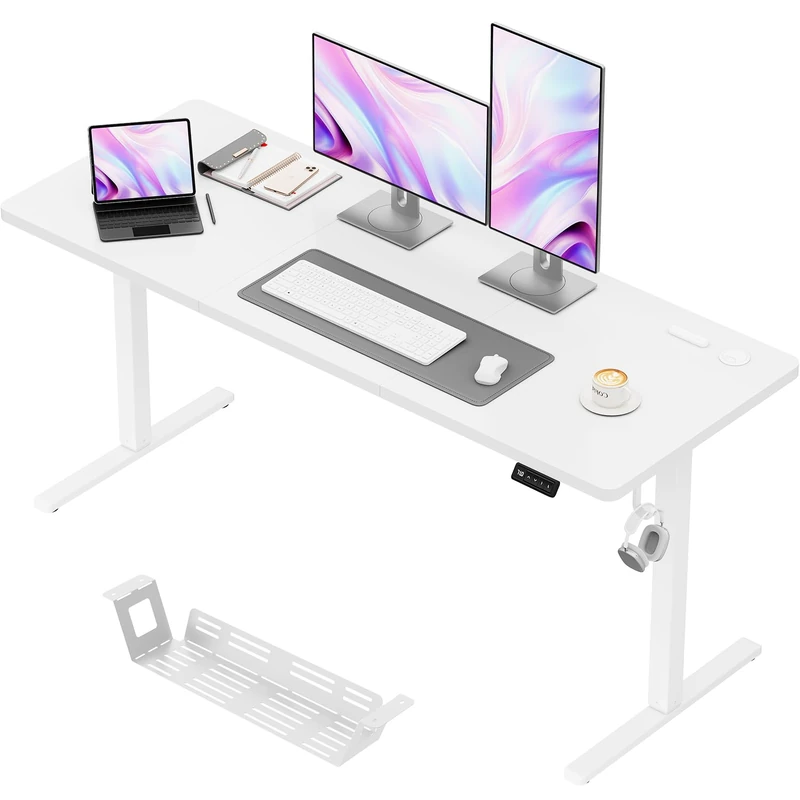 JUMMICO Electric Height Adjustable Desk 160 x 70 cm, Height Adjustable Desk with 2 Memory Function, Sit-Stand Office Desk, Computer Desk with Cable Management Box, White