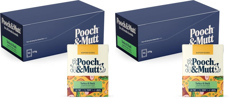 Pooch & Mutt - Turkey & Duck, Complete Wet Dog Food Grain Free, Dry Dog Food Topper, 12x375g (packaging may vary) (Pack of 2)