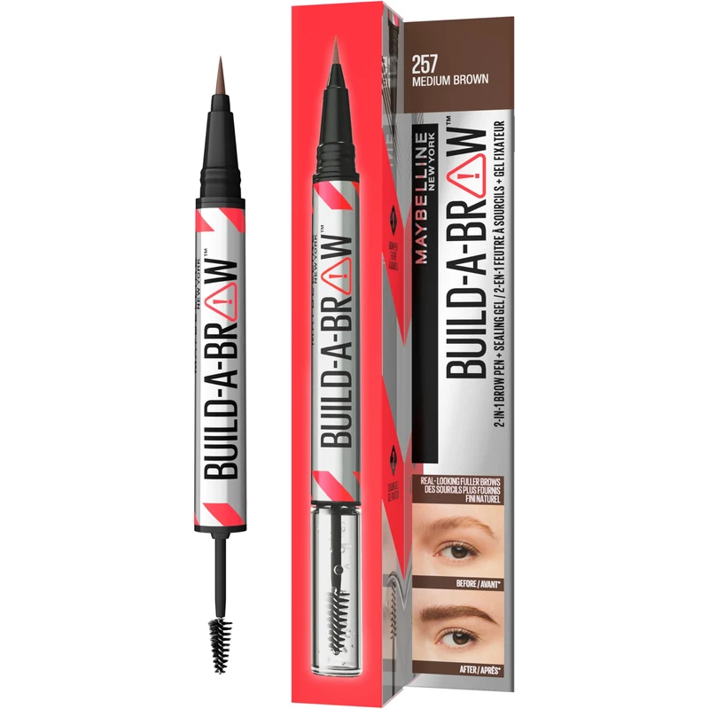 Maybelline New York, Build A Brow: 2 in 1 Brow Pen + Sealing Gel, Real-looking, Fuller Brows, Waterproof, Sweat- & Smudge-resistant, 24H Wear, Vegan Formula, Shade 257: Medium Brown (Pack of 6)