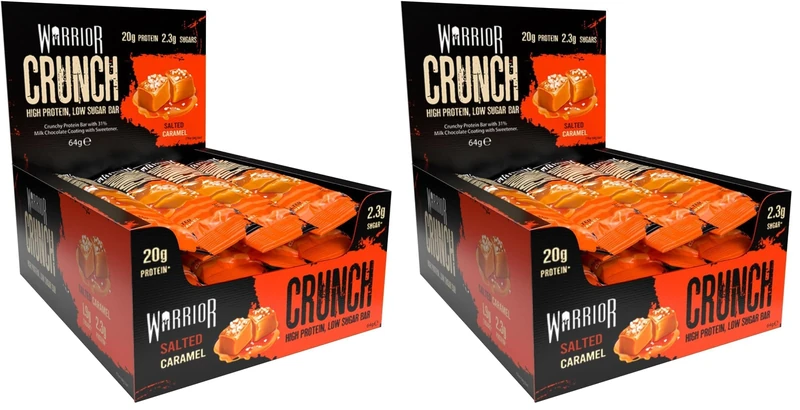 Warrior Crunch Protein Bars, Salted Caramel 12 x 64g – High Protein Snacks (20g), Low Sugar, Low Calorie Snack Bar, Guilt-Free On-the-Go Treats, Multipack Diet Bars for Weight Loss (Pack of 2)
