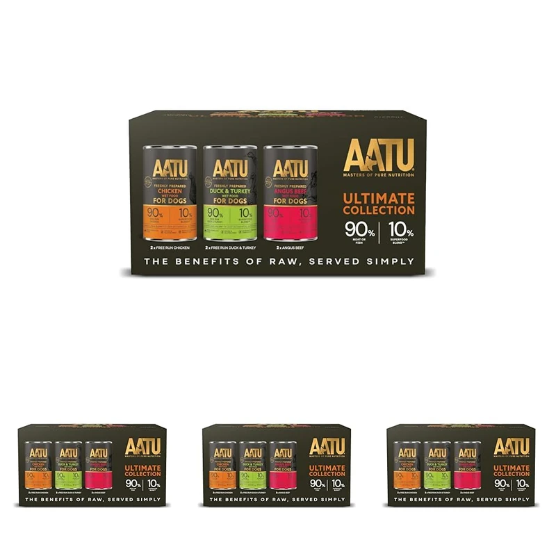 AATU Adult Dog Food Wet Tins - Variety Pack (6x400g) - Grain Free Recipe with No Artificial Ingredients - Good for Low Maintenance Feeding. (Packaging may vary). (Pack of 4)