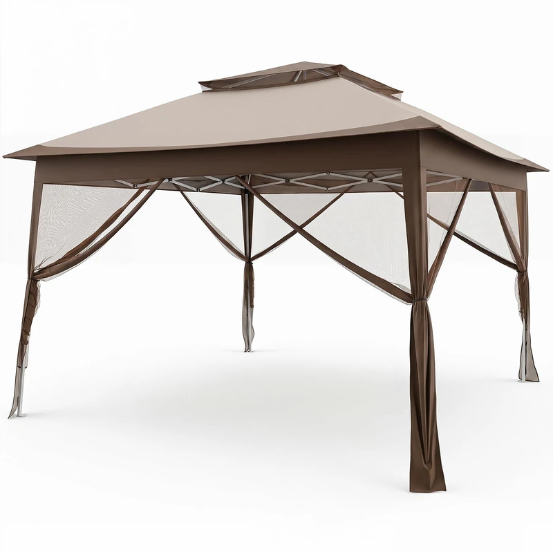 FANTASK 3.3 x 3.3 m Folding Gazebo Height-Adjustable with Double Roof & 4 Side Walls Garden Gazebo with Transport Bag with Wheels Party Tent for Garden, Barbecues & Party, Khaki
