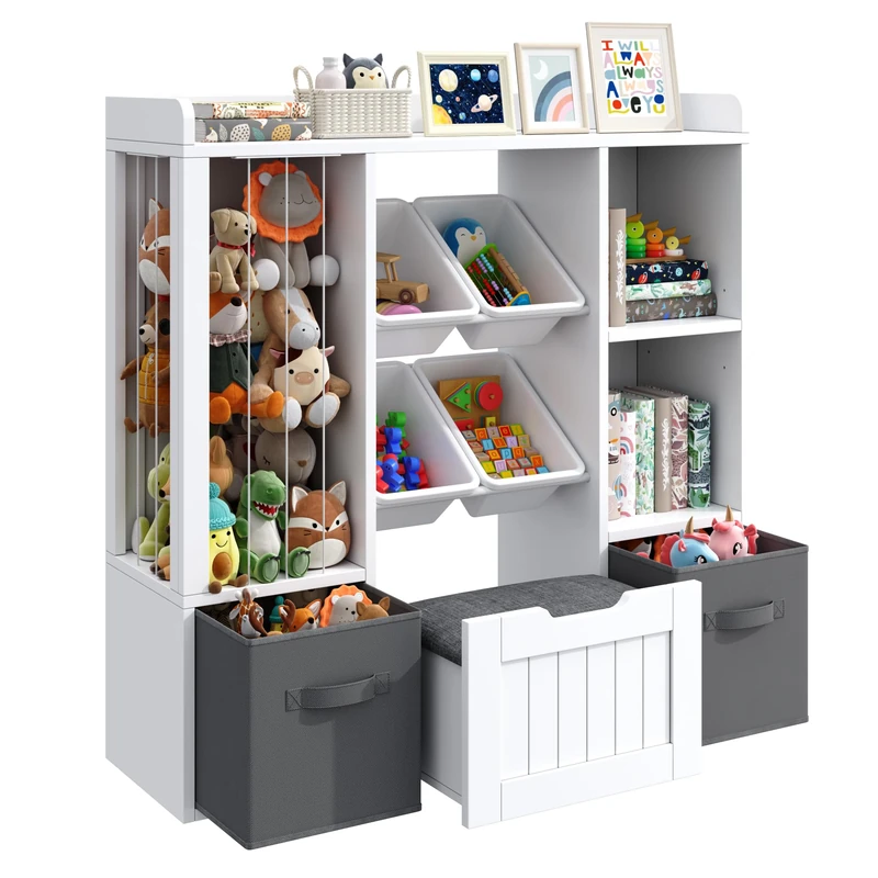 Feonase Toy Storage Children's Bookcase Kids Organiser Unit with 4 Plastic Bins, 2 Fabric Drawers, and 1 Wheeled Stool – Anti-Tip, Rounded Corners – For Bedroom, Nursery, Playroom - Image 1