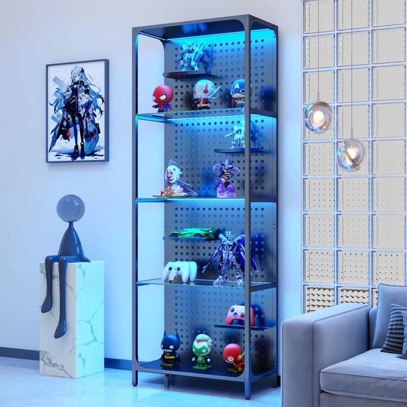 Feonase 5 Tier Glass Display Shelf with APP Control LED Lights,Tall Display Cabinet with Adjustable Pegboard,Metal Frame Storage Rack for Living Room,Bedroom,Office,Home Decor - Image 1