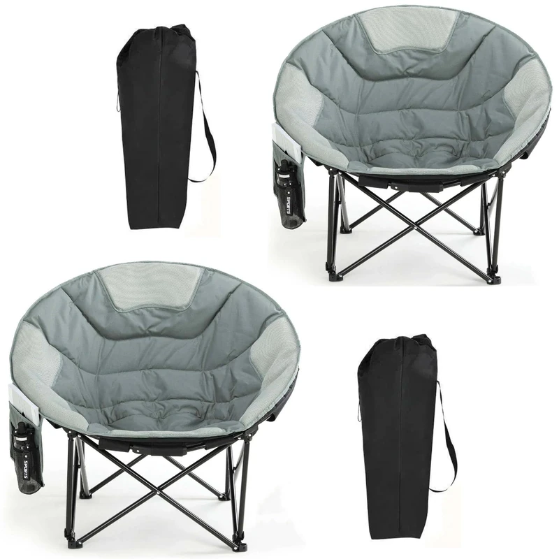 Clevich Folding Moon Chair, Heavy Duty Camping Chair with Breathable Mesh, Padded Cushion, Storage Bag, Supports 150kg Portable Garden Chair for Fishing Beach Outdoor Indoor (2, Grey)