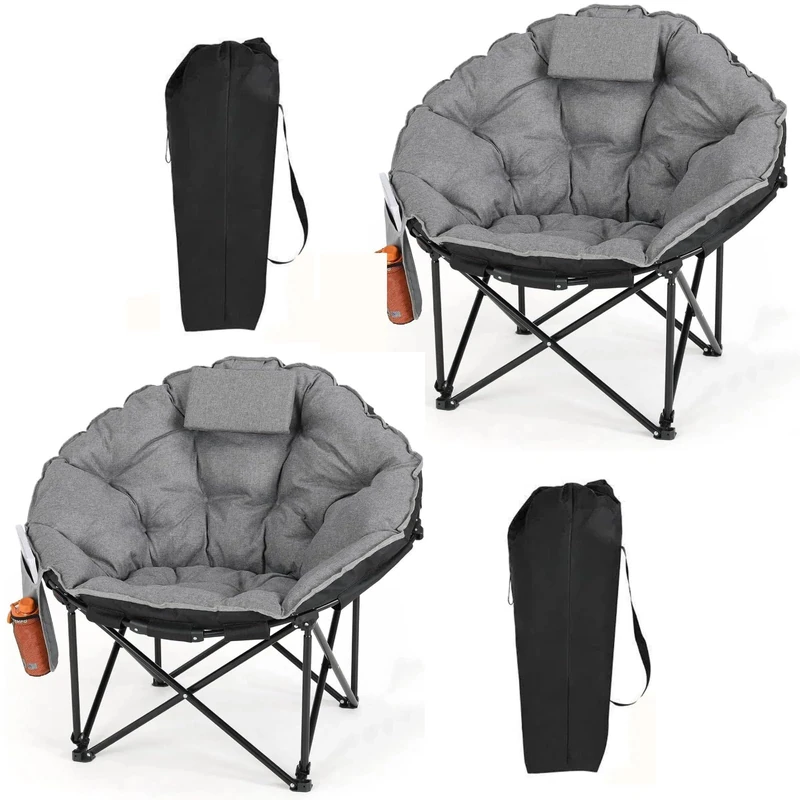 Clevich Folding Moon Chair, Camping Chair with Cotton Padded Seat, Headrest, Portable Garden Chair, Supports 150kg, for Camping Fishing Beach Outdoor (2, Grey)