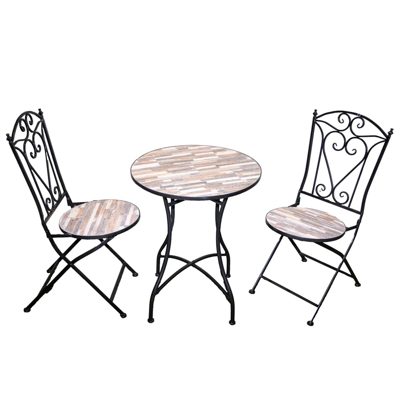 Mosaic Bistro Set 3 Pieces - 2 Folding Chairs and Round Table 60cm Oasis Metal Outdoor Garden Furniture Set for Balcony, Terrace, Porch, Outdoor Dining