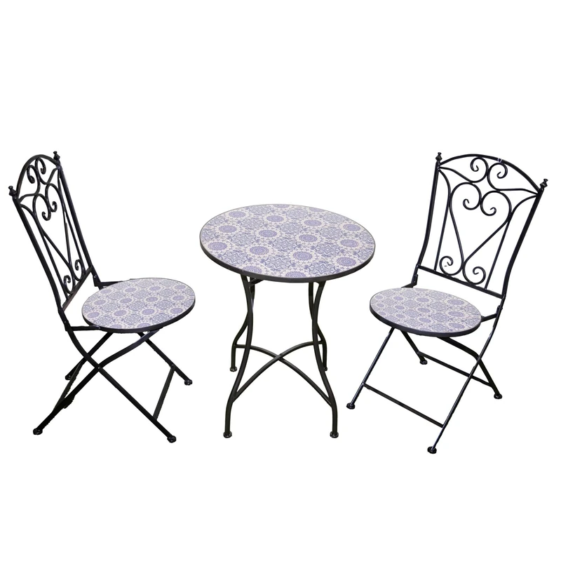 Mosaic Bistro Set 3 Pieces - 2 Folding Chairs and Round Table 60cm Porto Metal Outdoor Garden Furniture Set for Balcony, Terrace, Porch, Outdoor Dining