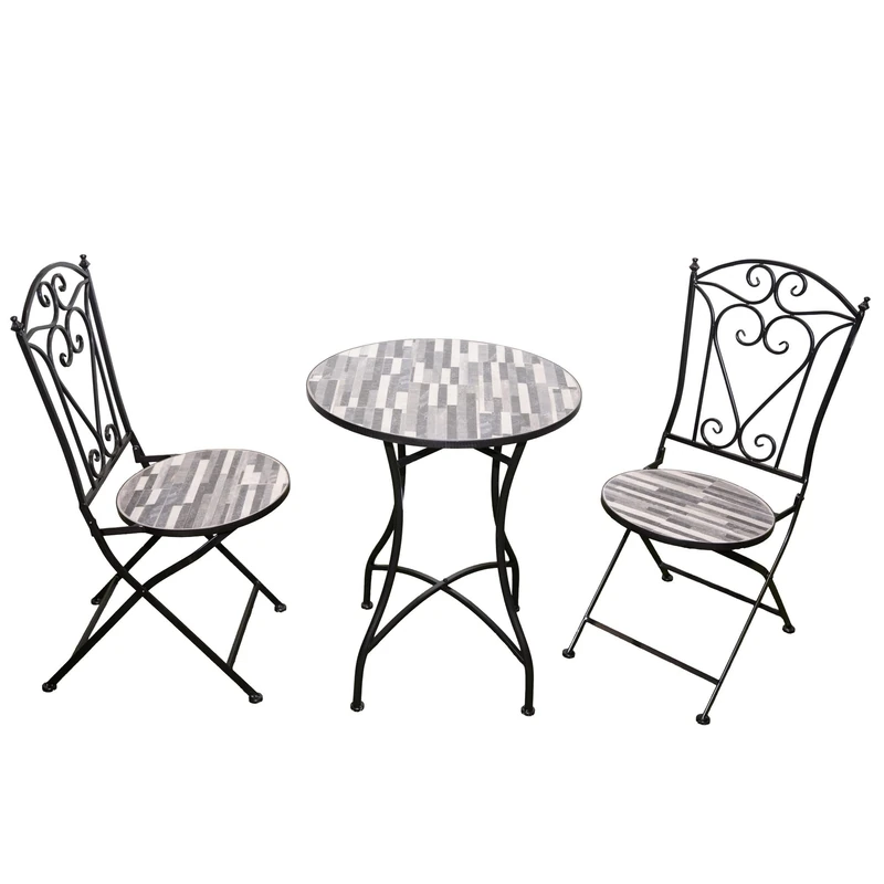 Mosaic Bistro Set 3 Pieces - 2 Folding Chairs and Round Table 60cm Cascade Metal Outdoor Garden Furniture Set for Balcony, Terrace, Porch, Outdoor Dining