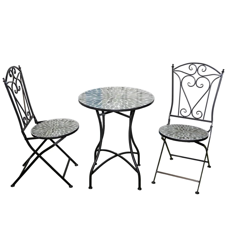 Mosaic Bistro Set 3 Pieces - 2 Folding Chairs and Round Table 60cm Leaf Metal Outdoor Garden Furniture Set for Balcony, Terrace, Porch, Outdoor Dining - Image 1