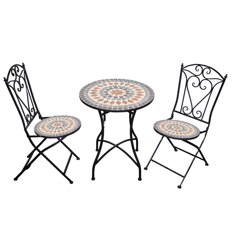 Mosaic Bistro Set 3 Pieces - 2 Folding Chairs and Round Table 60cm Marrakech Metal Outdoor Garden Furniture Set for Balcony, Terrace, Porch, Outdoor Dining