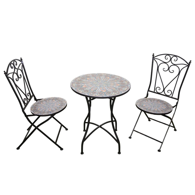Mosaic Bistro Set 3 Pieces - 2 Folding Chairs and Round Table 60cm Cairo Metal Outdoor Garden Furniture Set for Balcony, Terrace, Porch, Outdoor Dining