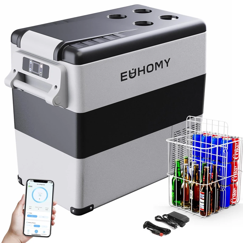 EUHOMY Car Fridge 50L, Camping Fridge with 12/24V DC & 240V AC, Portable Refrigerator Freezer Cooler with APP Control & LCD Touch Panel for RVs, Camping, Travel, Fishing, Outdoor or Home Use