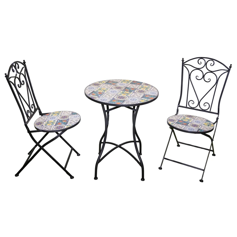 Mosaic Bistro Set 3 Pieces - 2 Folding Chairs and Round Table 60cm Lisbon Metal Outdoor Garden Furniture Set for Balcony, Terrace, Porch, Outdoor Dining