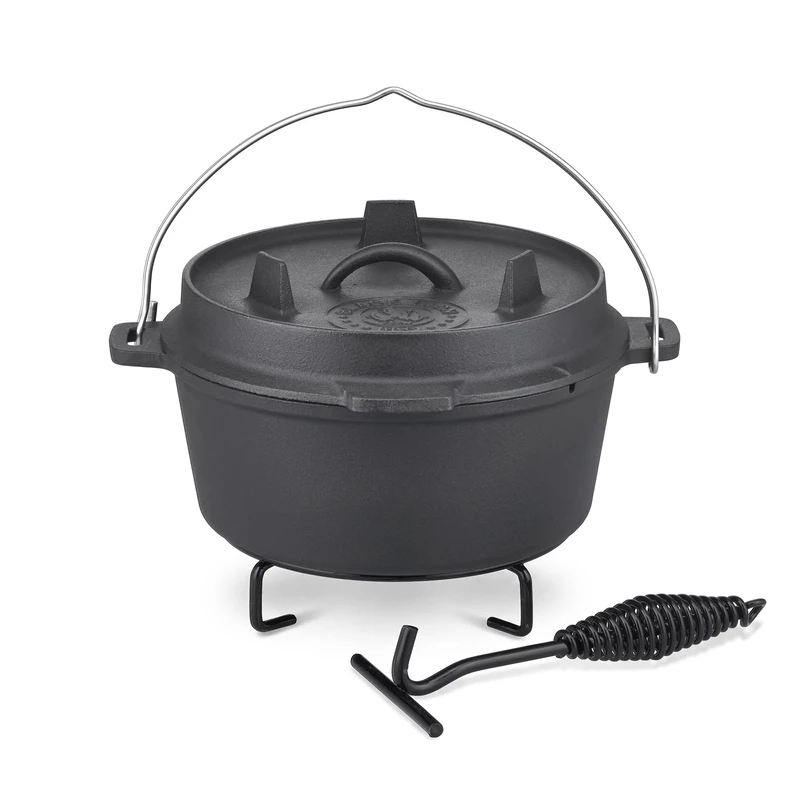 GSW Dutch Oven Black Iron BBQ 24 cm, 4.2 L - The Dutch Oven Comes in a Set with Lid Lifter and Pot Stand for Outdoor or Indoor Barbecue Fun - Cast Iron