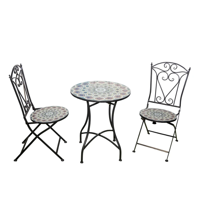 Mosaic Bistro Set 3 Pieces - 2 Folding Chairs and Round Table 60cm Casablanca Metal Outdoor Garden Furniture Set for Balcony, Terrace, Porch, Outdoor Dining