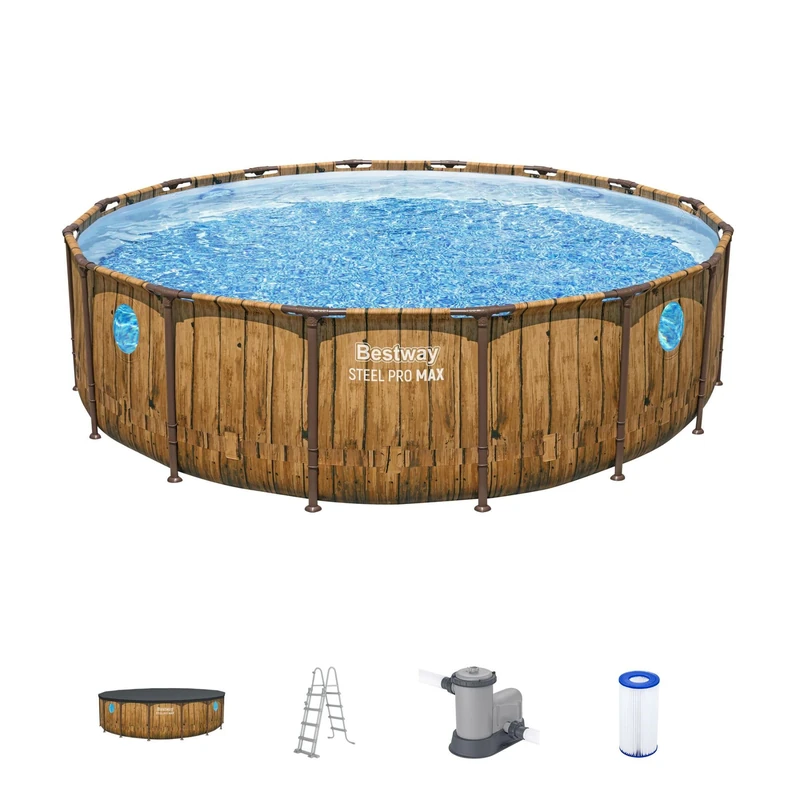 Bestway 16ft Steel Pro Max Above Ground Pool Set with Windows, Round Outdoor Garden Swimming Pool, Complete Filter System
