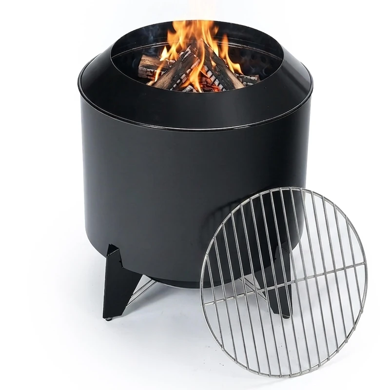 Relaxdays low-smoke fire bowl, grill grate Ø40 cm, HxWxD:45.5x52x52cm, enamelled steel, chromed, wood/pellets, black