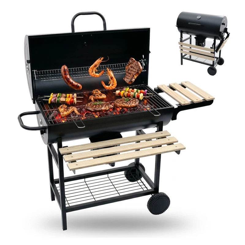 Relaxdays charcoal grill with lid & thermometer, 95x114.5x69 cm, powder-coated steel, grill trolley - Image 1