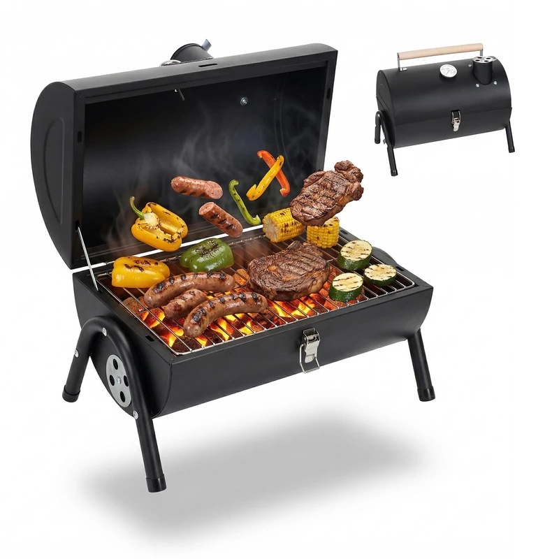 Relaxdays camping grill, 2 charcoal trays, thermometer, chimney vent, HxWxD: 35 x 41 x 29 cm, portable tabletop, black - Image 1