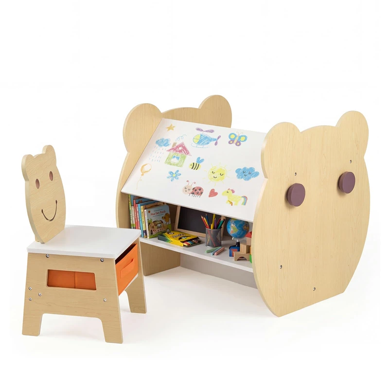 FANTASK 3-in-1 Children's Table with Chairs, Children's Desk with Storage Space & Hooks, Children's Seating Set with Reversible Chalkboard & Whiteboard, Activity Table for Children from 3 Years