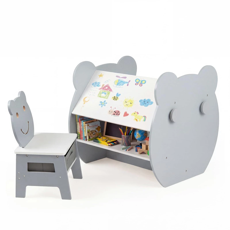 FANTASK 3-in-1 Children's Table with Chairs, Children's Desk with Storage Space & Hooks, Children's Seating Set with Reversible Chalkboard & Whiteboard, Activity Table for Children from 3 Years (Grey) - Image 1
