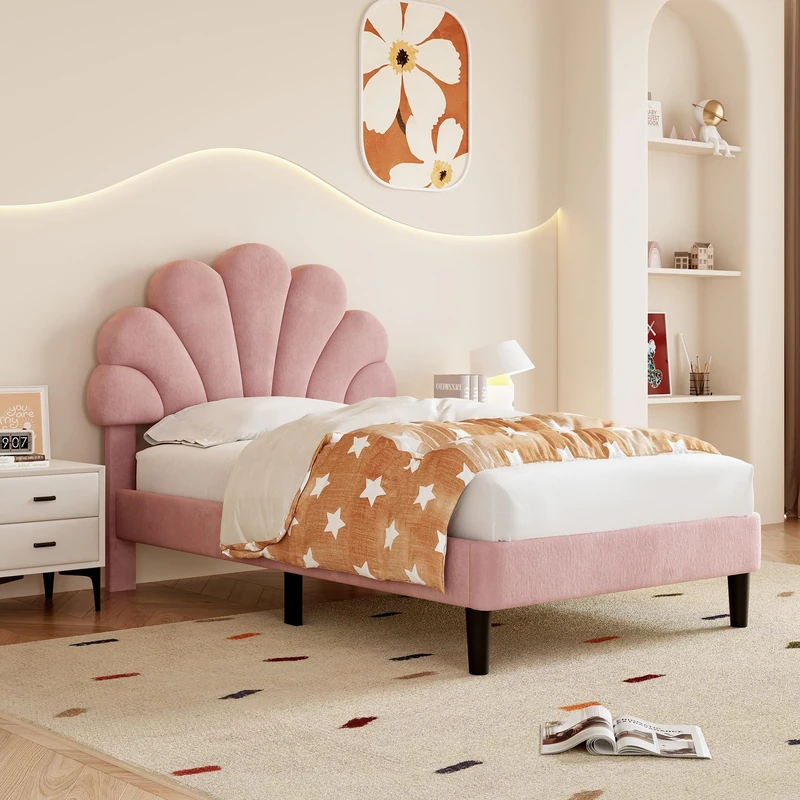 Ball & Cast Single bed frame, 3ft Single Upholstered Bed, Adjustable Chic Petal Headboard, Sturdy Wooden Slat Support, Velvet Fabric (No Mattress), Pink+Velvet/90CM*190CM