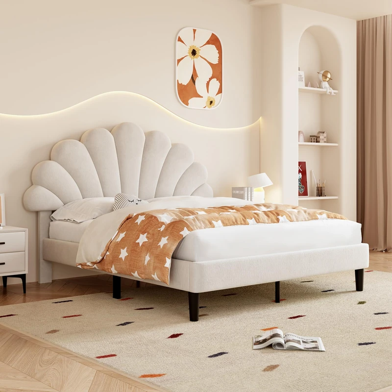 Ball & Cast Double bed frame, 4ft6 Double Upholstered Bed, Adjustable Chic Petal Headboard, Sturdy Wooden Slat Support, Velvet Fabric (No Mattress), Beige+Velvet/135CM*190CM