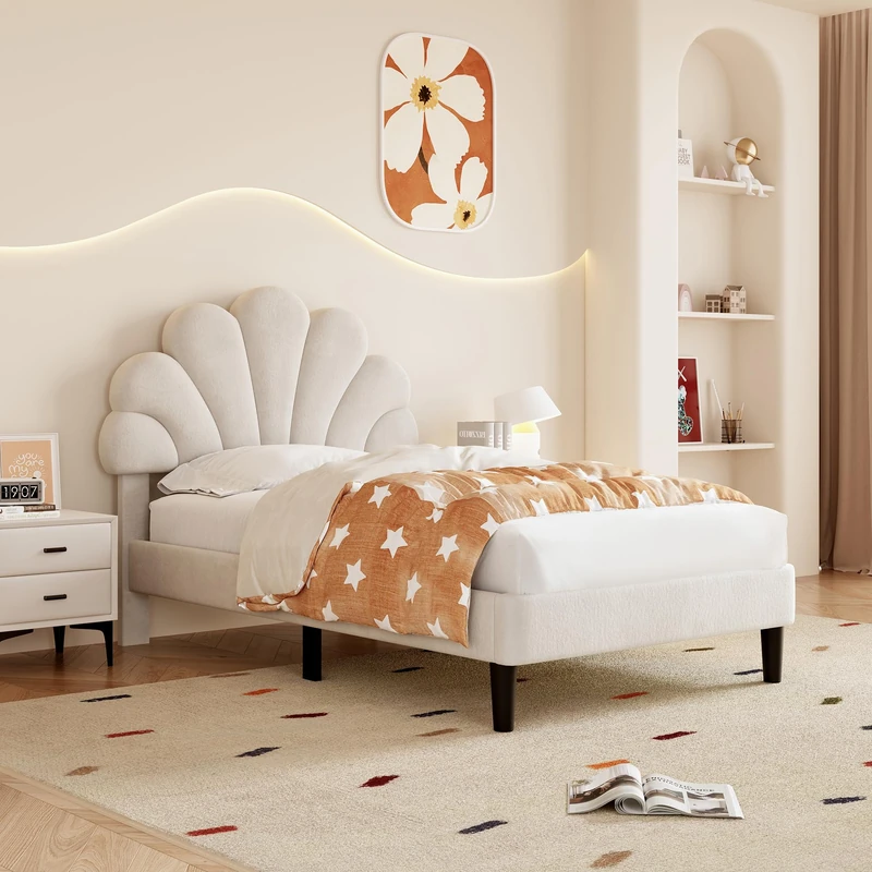 Ball & Cast Single bed frame, 3ft Single Upholstered Bed, Adjustable Chic Petal Headboard, Sturdy Wooden Slat Support, Velvet Fabric (No Mattress), Beige+Velvet/90CM*190CM