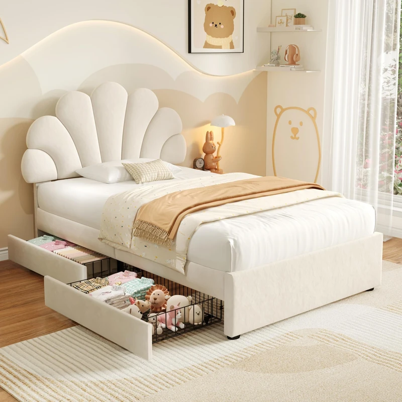 Ball & Cast 3ft Girls Single Bed with Storage, Pink Single Storage Bed Frame, Upholstered Bed with Adjustable Chic Petal Headboard, 2 Drawers, with Solid Wood Slat, Velvet Fabric, Beige/90CM*190CM