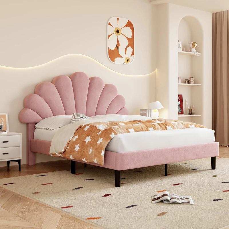 Ball & Cast Double bed frame, 4ft6 Double Upholstered Bed, Adjustable Chic Petal Headboard, Sturdy Wooden Slat Support, Velvet Fabric (No Mattress), Pink+Velvet/135CM*190CM